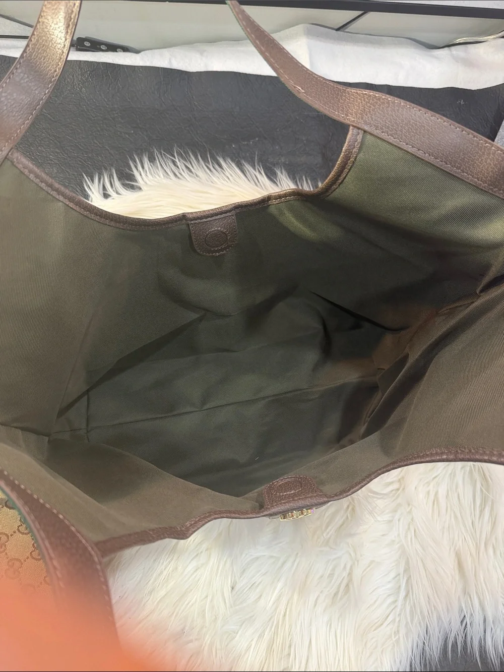 Beige Supreme Canvas Tote with Green and Red Stripe Accent